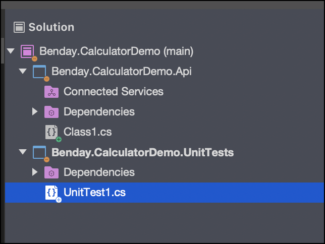 Visual Studio for Mac - Solution Explorer showing UnitTest1.cs selected.