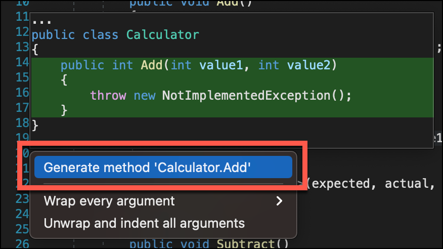 Context menu shown, with "Generate method 'Calculator.Add'" selected