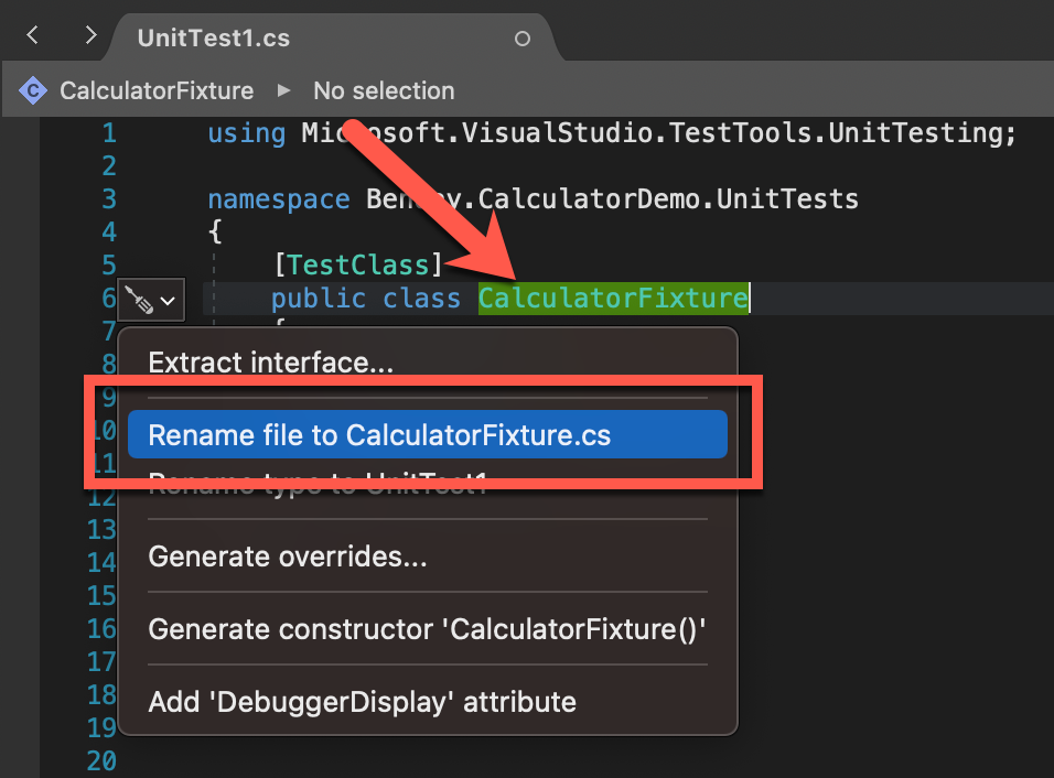 Visual Studio for Mac refactoring menu shown, with option "Rename file to CalculatorFixture.cs" highlighted.