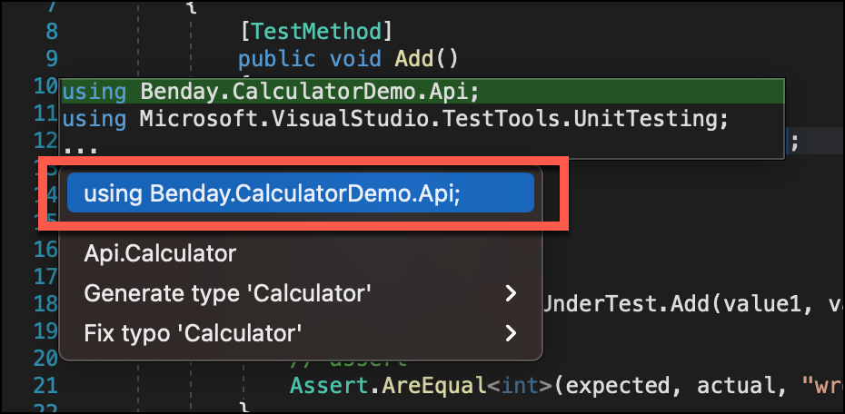 Context menu shown, with "using Benday.CalculatorDemo.Api" option highlighted.