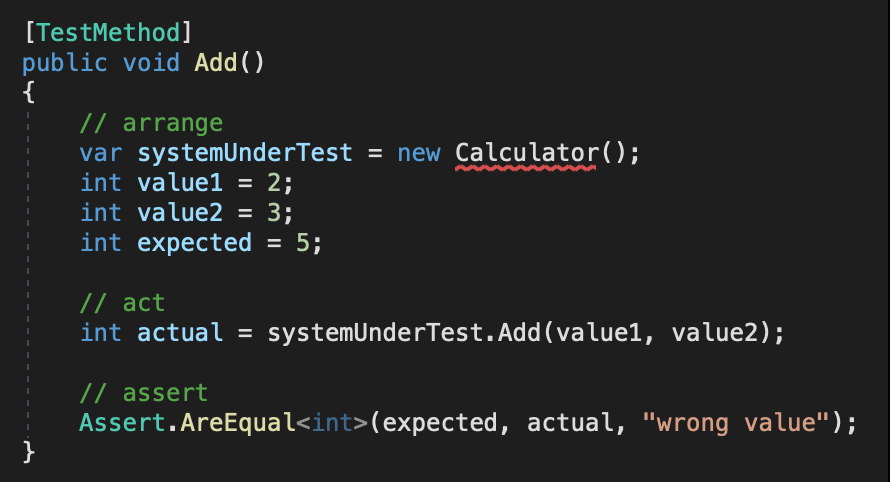 Additional test code has been written in the Add method, adding 2 + 3 and expecting a result of 5