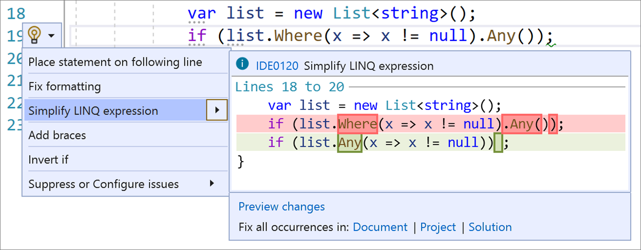 Simplify LINQ Expressions in Visual Studio 2019 v16.10 Preview 1