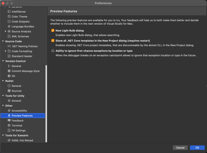 Visual Studio for Mac Preferences window, showing the Preview Features tab