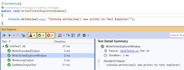  Console.WriteLine now shows in the Test Explorer.