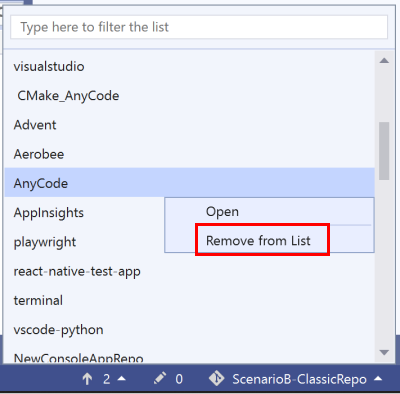 Remove items from the repository picker list through the context menu.