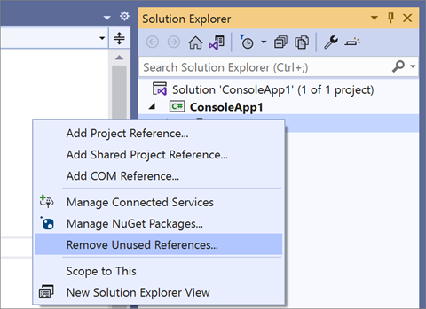 Remove unused references in the Solution Explorer