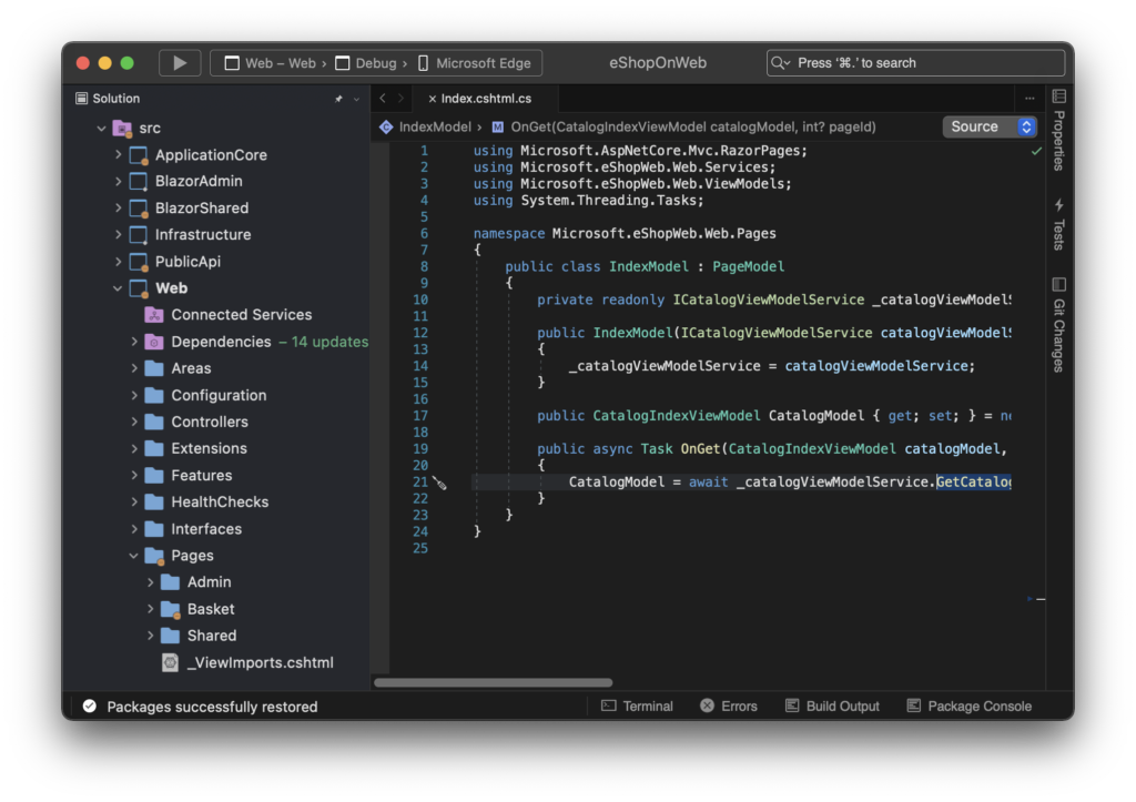 Visual Studio 2022 for Mac with a dark color theme