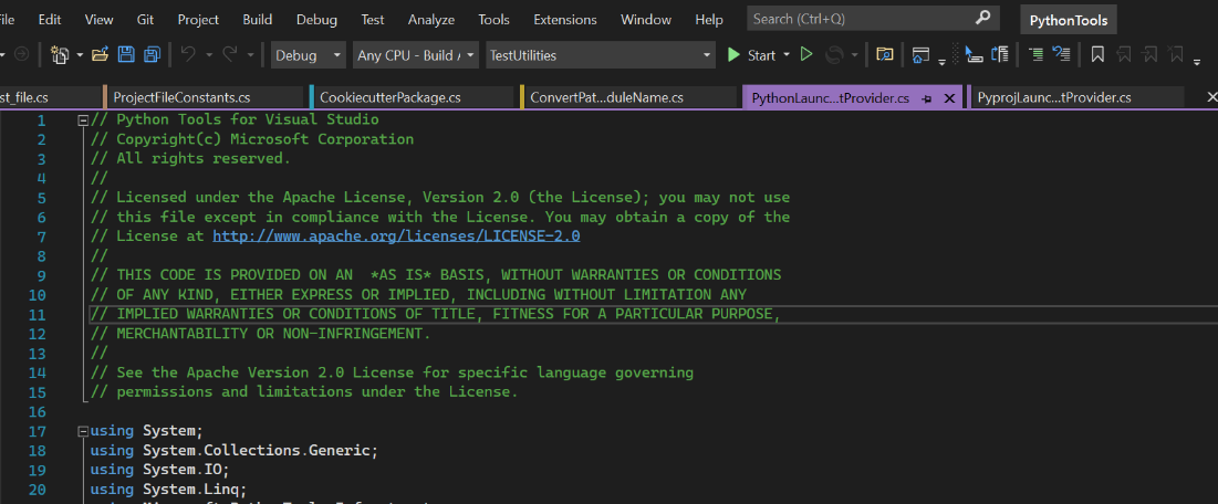 Screenshot of Visual Studio with color coded tabs