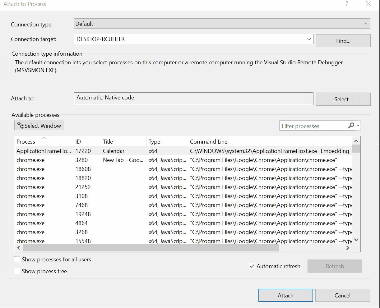 Attach to process Dialog: Process Tree View  