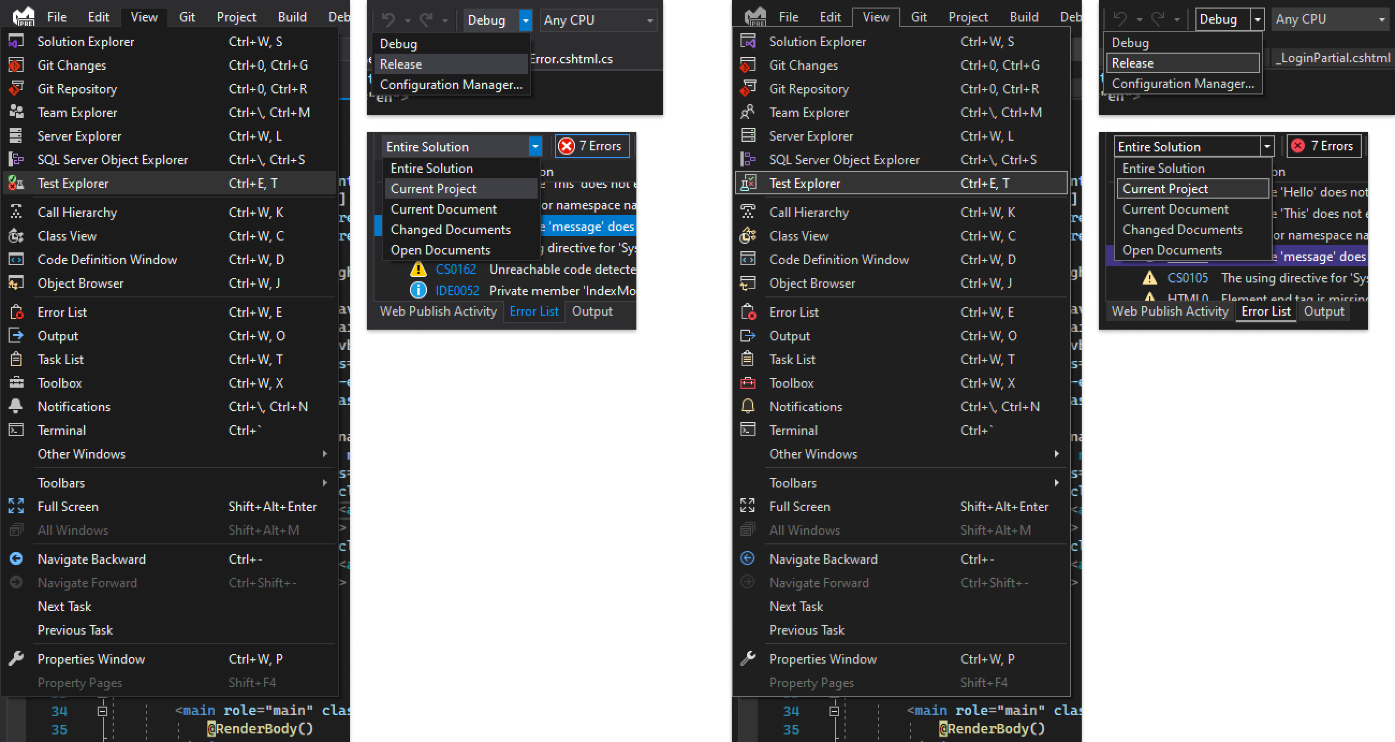 Image showing comparison between Visual Studio 2019 and Visual Studio 2022 dark theme menu item focus state.