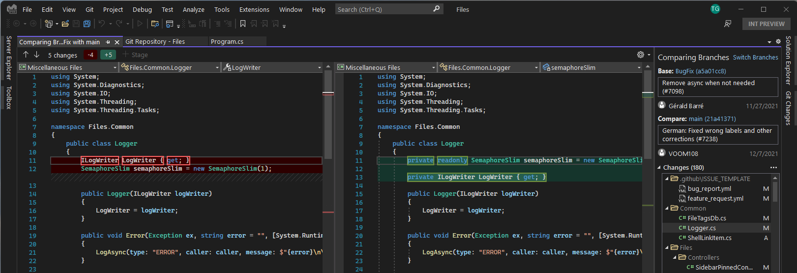 Visual Studio Git比较屏幕的屏幕截图