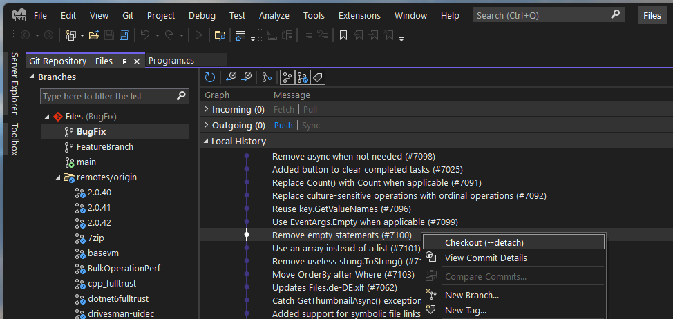Screenshot of Visual Studio's Git history view demonstrating the ability to checkout any commit