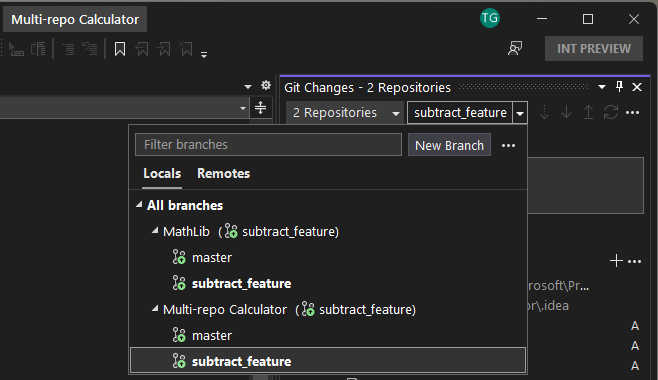 Screenshot of the Git changes tool window demonstrating branch management