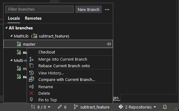 Screenshot of Visual Studio's status bar demonstrating branch management