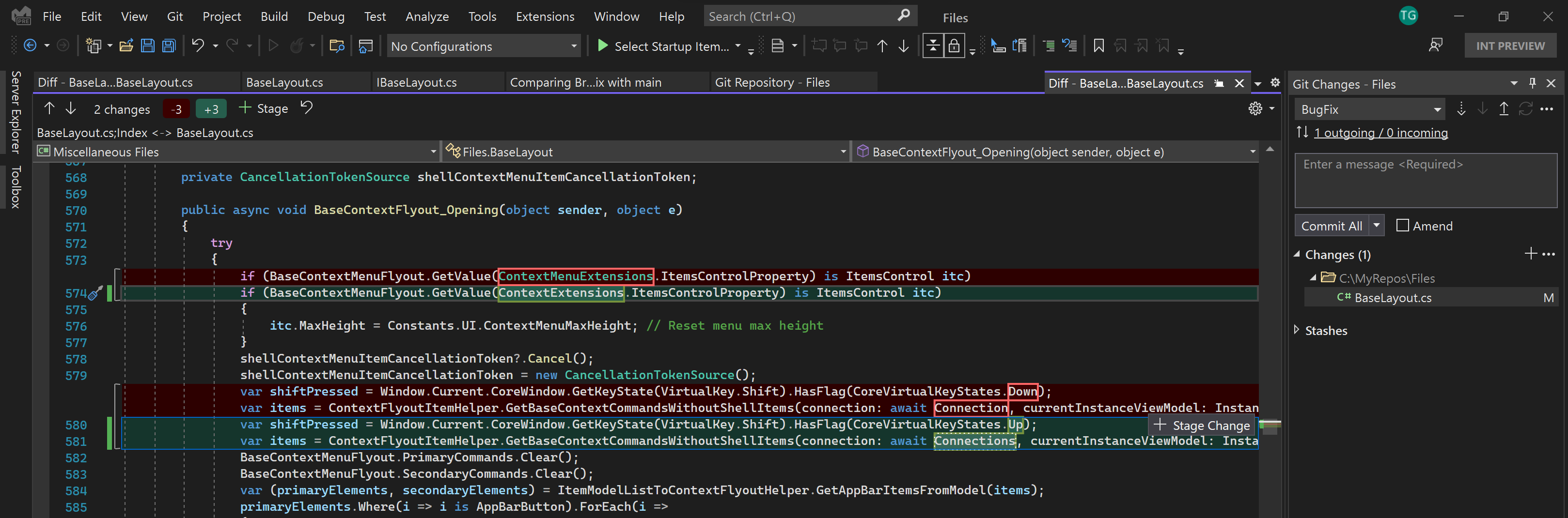 Screenshot demonstrating Visual Studio's Line-staging preview functionality