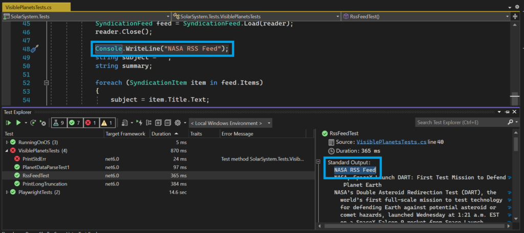 Image of console writeline output appearing in test explorer in visual studio