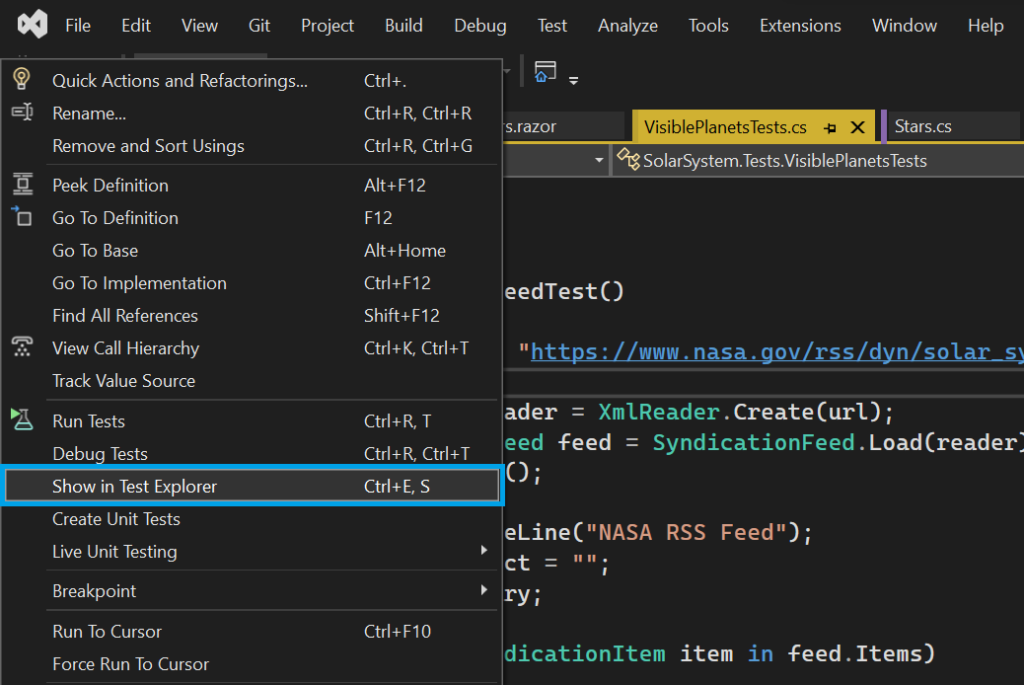 Visual Studio中的show in test explorer命令的图像