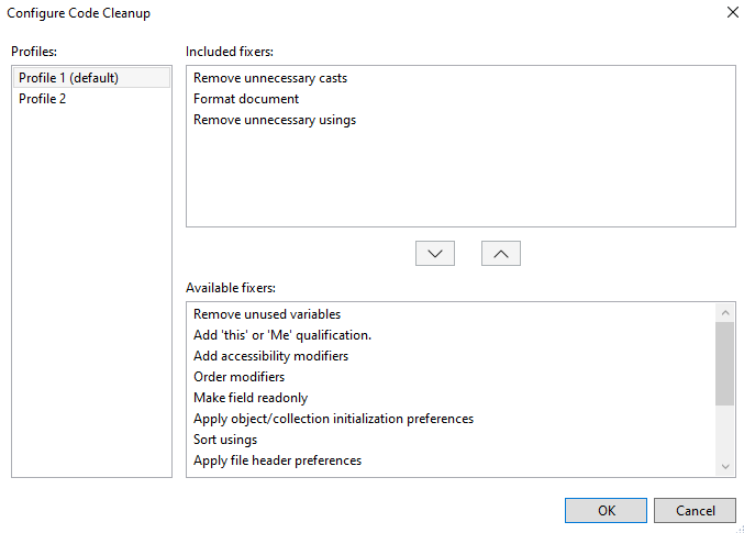 Screenshot of Visual Studio's Configure Code Cleanup page