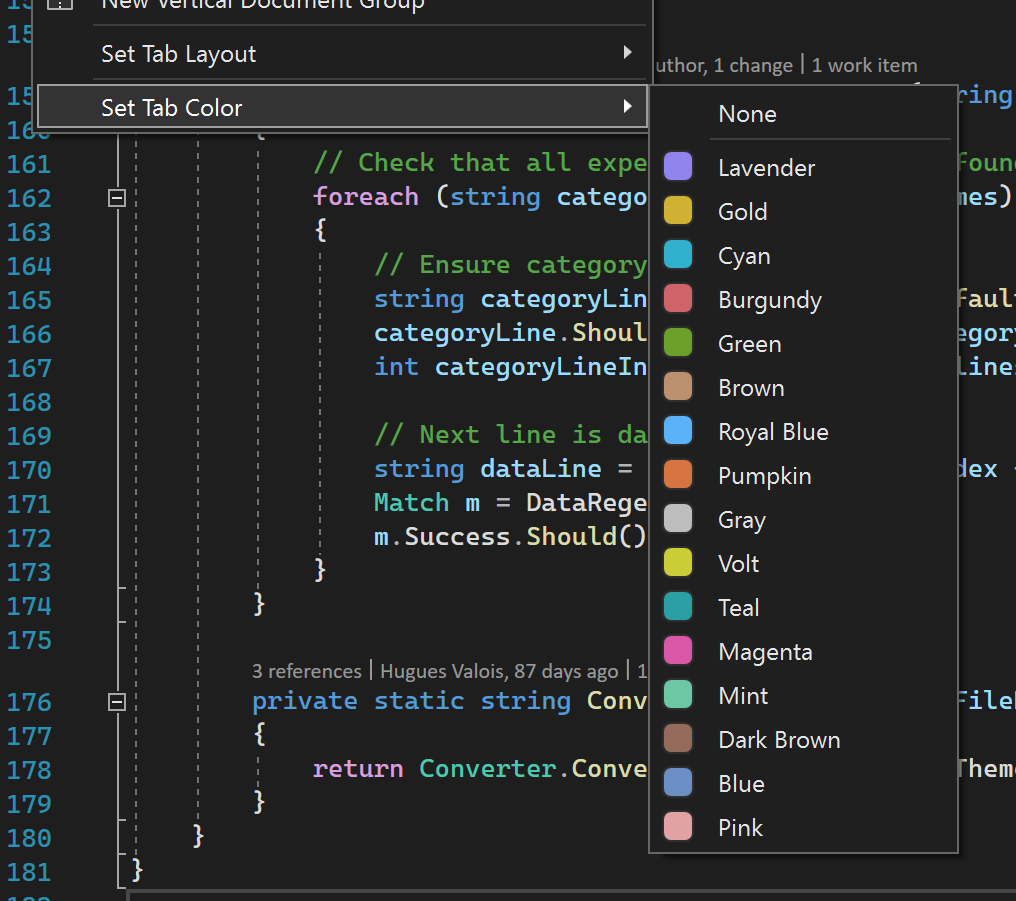 演示Visual Studio新的“设置选项卡颜色”菜单的特写屏幕截图