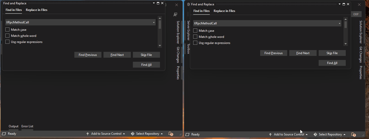 Gif showing the difference between Find in Files search in VS 2019 and VS 2022