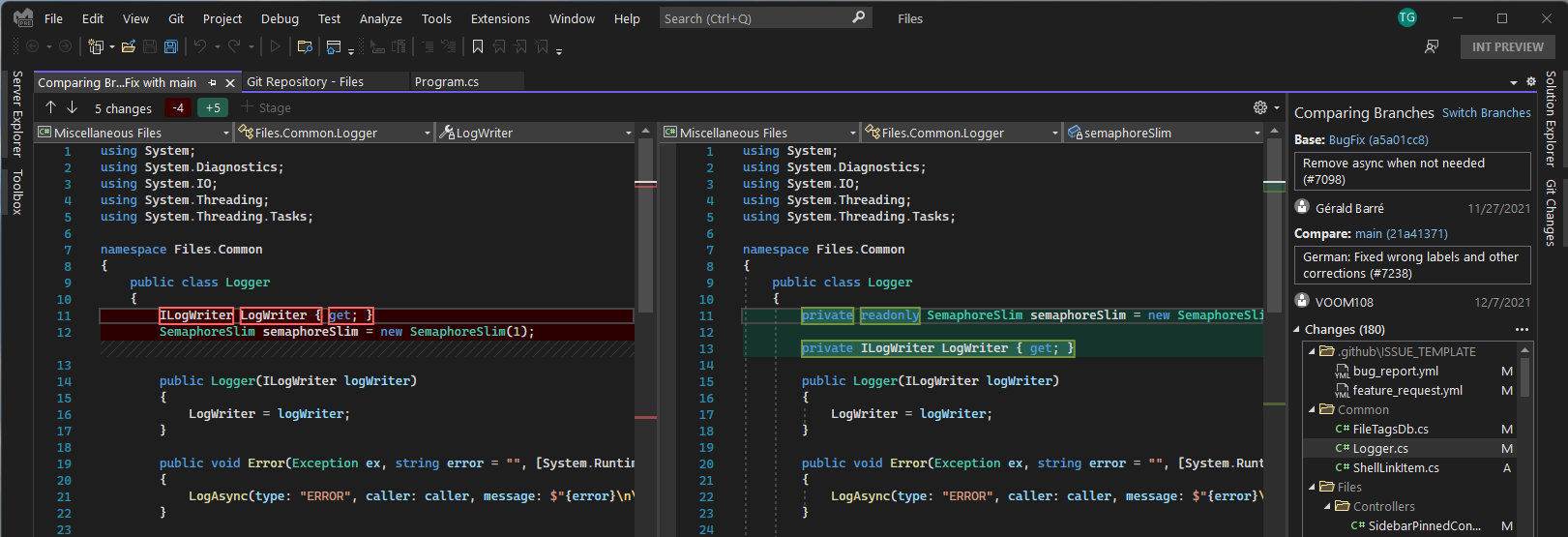 A screenshot of Visual Studio's Git compare screen