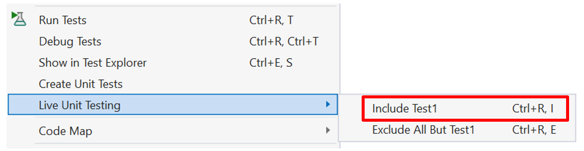 编辑器右键单击菜单以在Live Unit Testing中包含测试