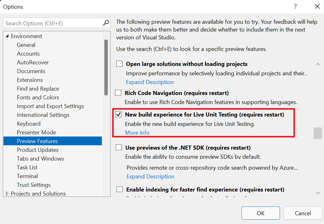 Live Unit Testing预览功能选项