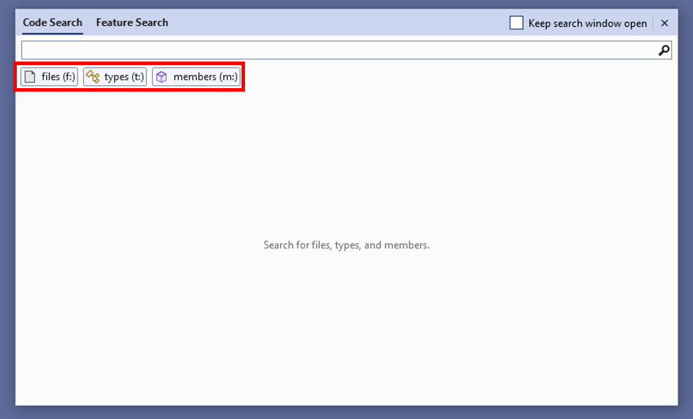 A screenshot of Visual Studio's All-In-One search window highlighting the files, types, and members filter toggle buttons