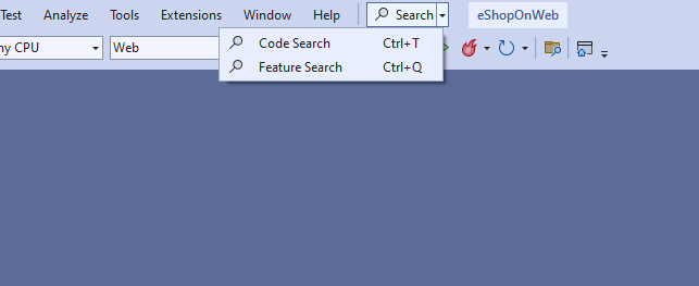 Screenshot of Visual Studio showing the visual entry into the All In One Search