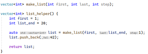 Screenshot of inline hints in C++ code