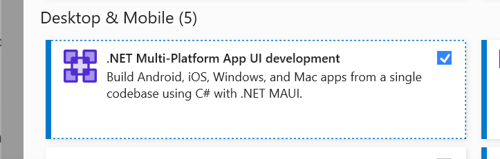 Screenshot of .NET MAUI workload selection in setup