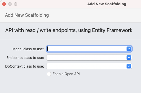 Screenshot of Visual Studio for Mac's Add New Scaffolding dialog, showing the "API with read / write endpoints, using Entity Framework" option.