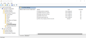 Screenshot that shows the Local Group Policy Editor with the Live Share settings open