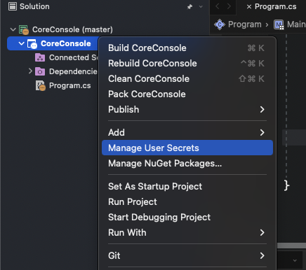 Screenshot of Visual Studio for Mac showing the "Manage User Secrets" context menu item.