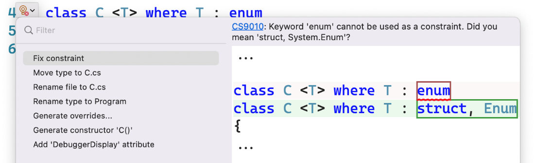 Screenshot of Visual Studio for Mac showing a code fix for a type constraint for type enum, suggesting "struct, System.Enum" instead.