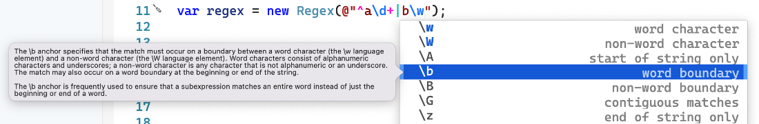 Screenshot of a code sample which includes a regular expression string. The regular expression has syntax highlighting and is displaying Intellisense for regular expression syntax.