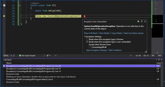 Exception stack view in Visual Studio