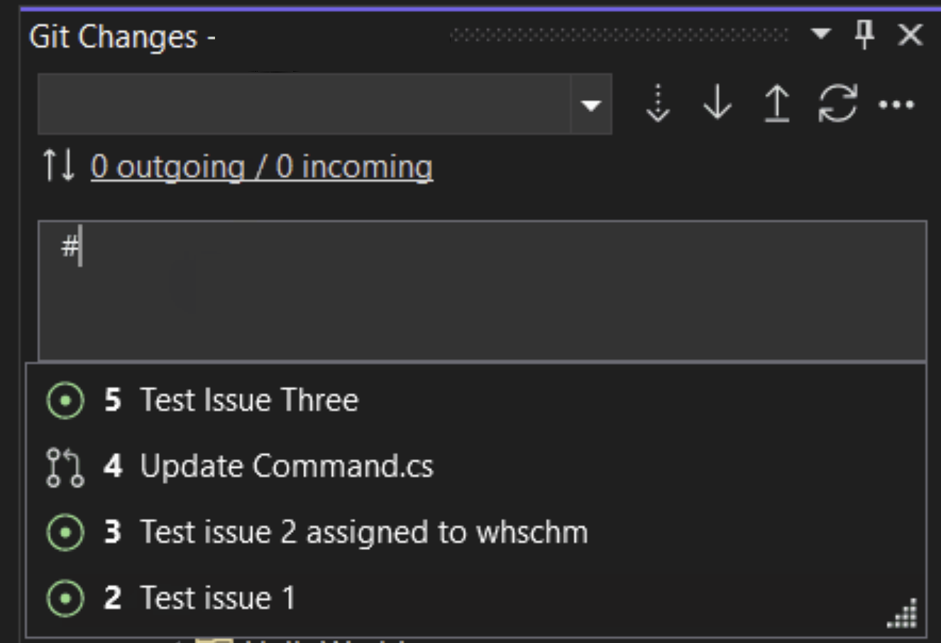 Screenshot of git changes dialog with issue number selection
