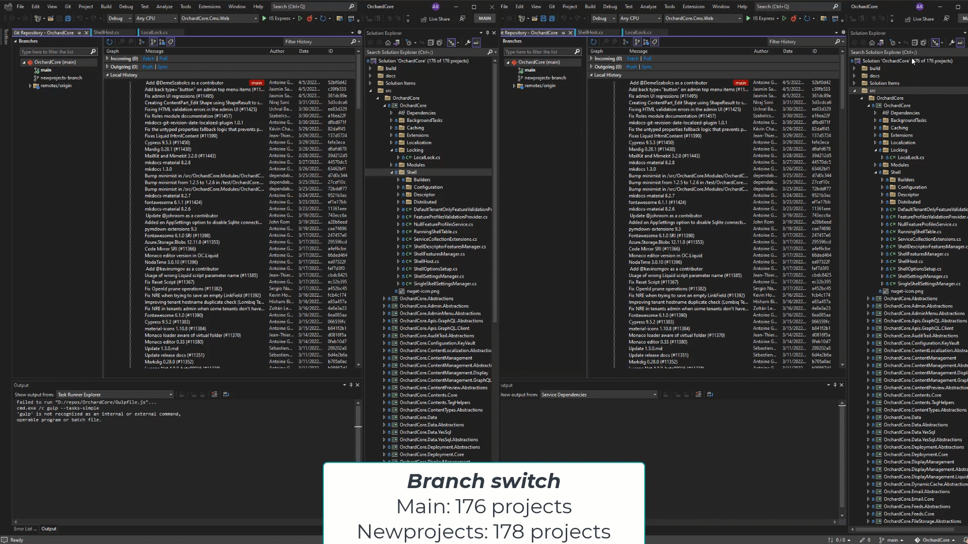 Animation of before and after performance improvements of git branch switching in Visual Studio