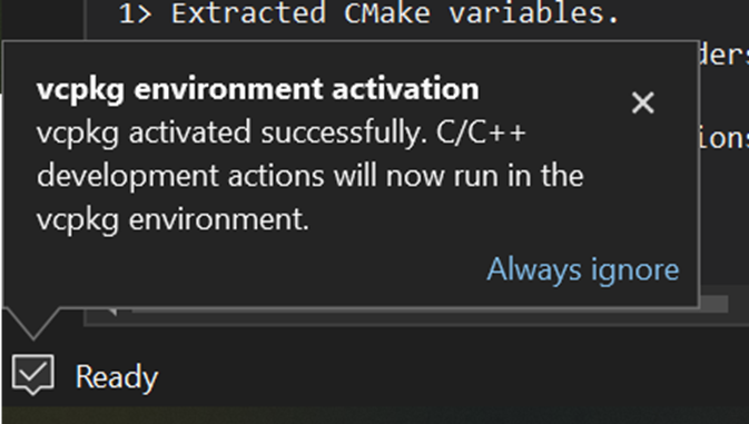 Background notification that vcpkg environment has been activated