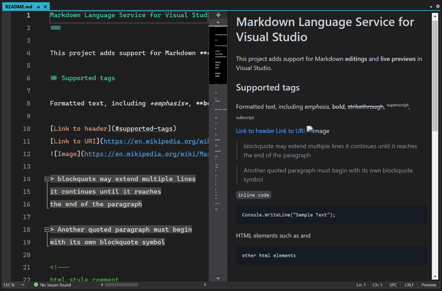 Visual Studio showing a markdown file being edited. The editor is divided in half with the raw markdown code on the left and the processed HTML being displayed on the right.