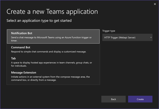 Dialog for creating a new Teams application