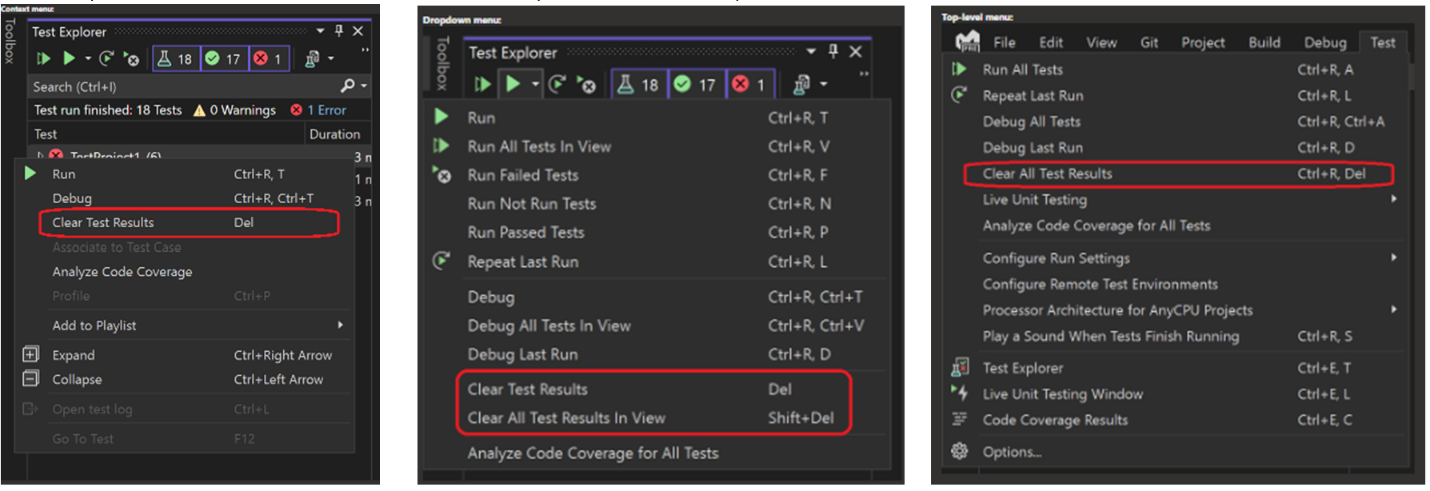Sequence of images showing context menus for Test Explorer in Visual Studio
