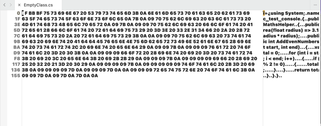 显示新十六进制编辑器的图像。十六进制编辑器分为两部分。左边是以2为一组的十六进制数字。右边是文件的ASCII表示