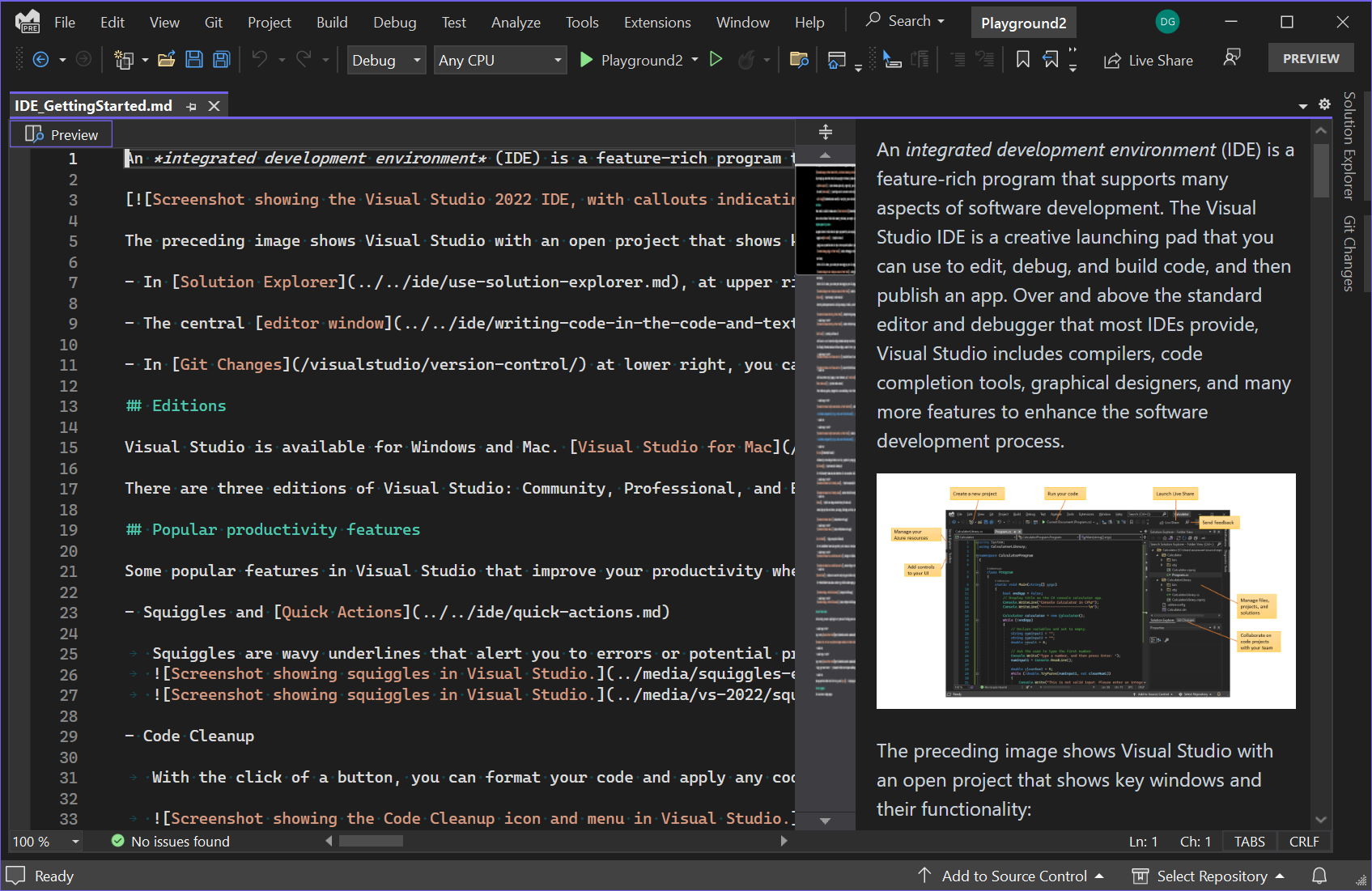 Markdown 편집 환경을 보여주는 Visual Studio 2022.  마크다운 미리보기가 오른쪽에 열립니다.