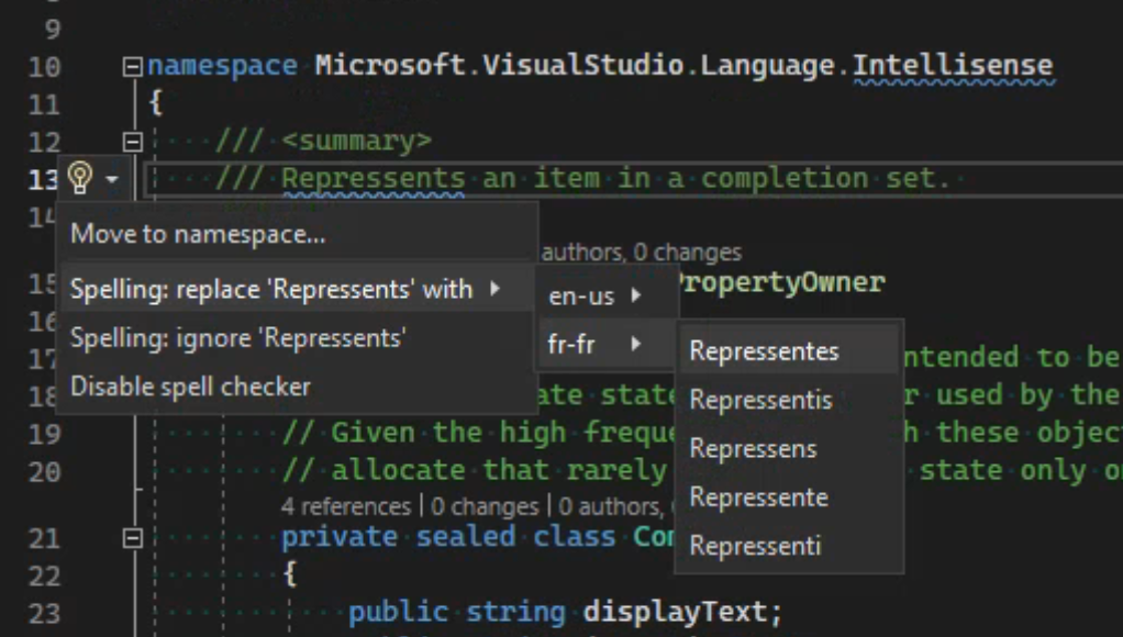 Visual Studio拼写检查器检测到单词“Represents”拼写错误。当提供建议时，建议被分组，图像显示fr-fr字典提供的建议。另一个折叠的上下文菜单将显示en-us字典提供的建议。