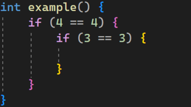 C++ code with three pairs of curly brackets. Each matching pair of opening and closing bracket has a different color (blue, pink and yellow).