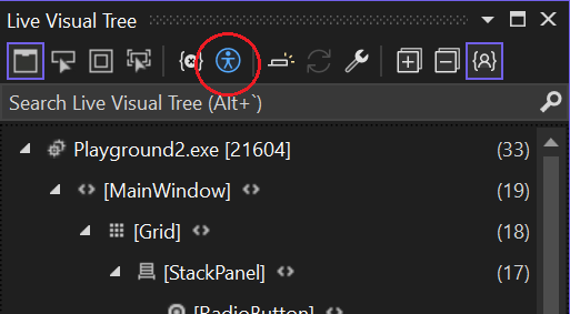 The Live Visual Tree in Visual Studio with the "Scan for Accessibility Issues" button circled.