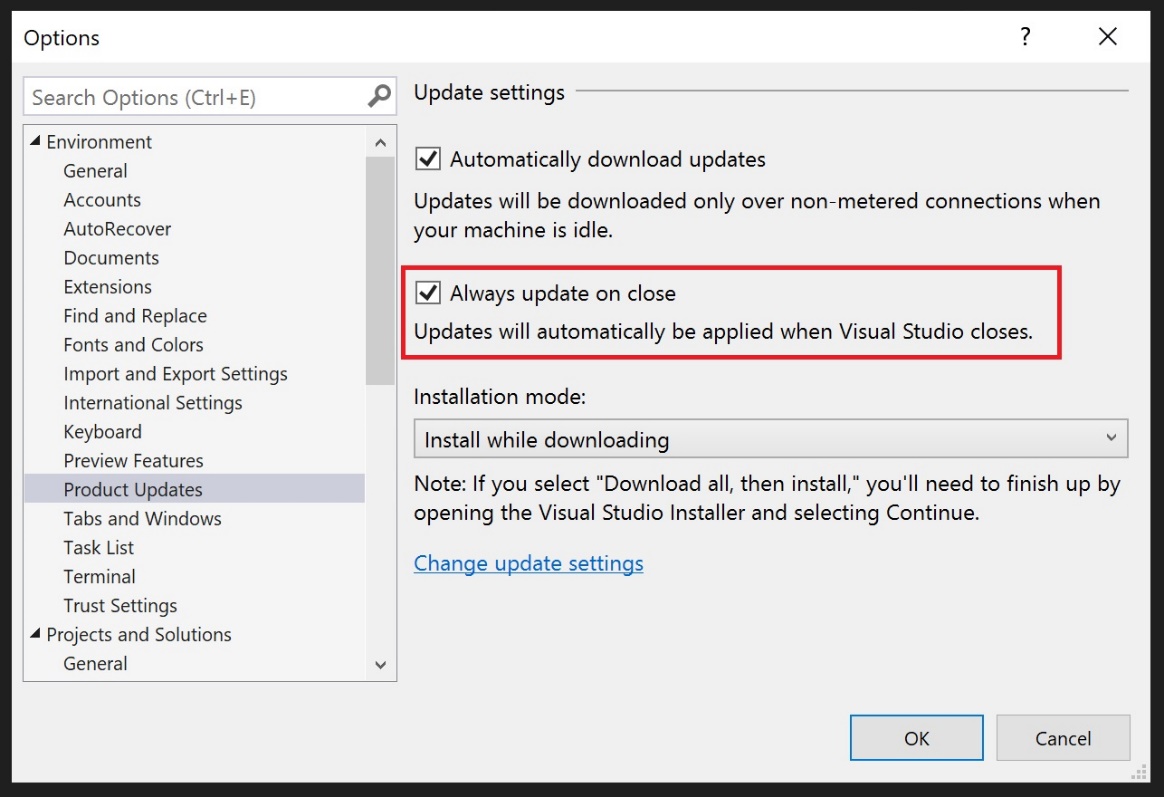 Options dialog showing setting to enable Always update on close option