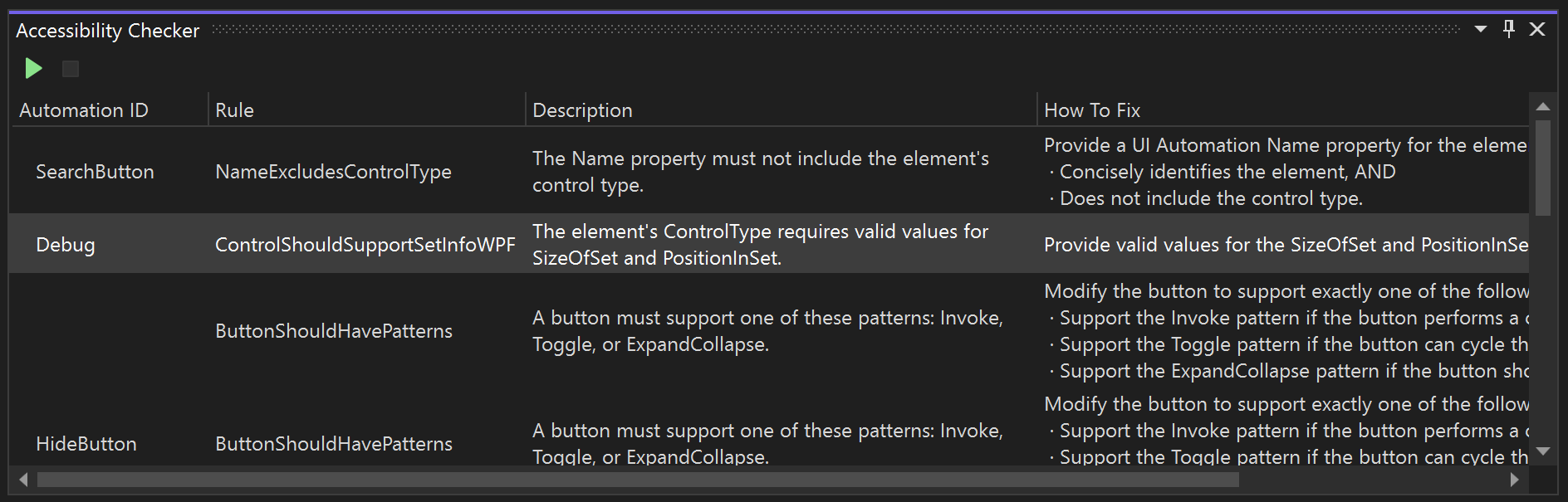 The Accessibility Checker panel in Visual Studio showing a variety of accessibility issues that were detected during a scan of an application.